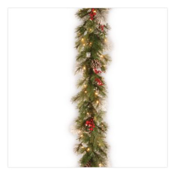 Pre-Lit Wintry Pine Garland, Ac Powered, Clear Incandescent Lights, 108" Long, Green