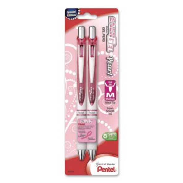 Energel Pearl Deluxe Pink Special Edition Liquid Gel Pen, Retractable, Medium 0.7 Mm, Pink Ink, White Pearl/Pink Barrel, 2/Pk