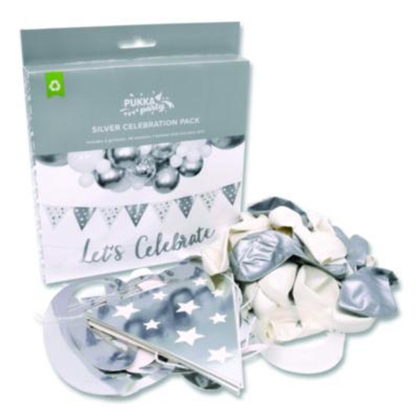 Silver And White Balloon Arch/Garland Party Pack, 46 Balloons, Balloon Strip, 2 Garlands, Glue Dots, Let's Celebrate Message