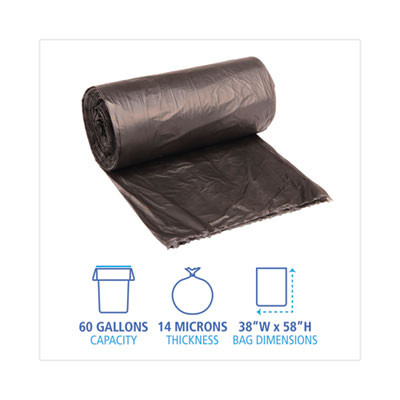 High-Density Can Liners, 60 Gal, 14 Mic, 38" x 58", Black, Perforated Roll, 25 Bags/Roll, 8 Rolls/Carton