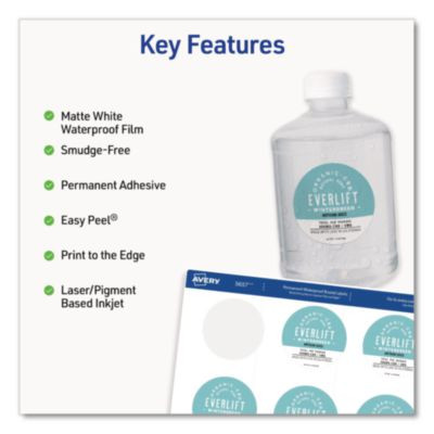 Waterproof Round Labels With Sure Feed Technology, Laser/Pigment-Based Inkjet, 2" Dia, Matte White, 12/Sheet, 8 Sheets/Pack