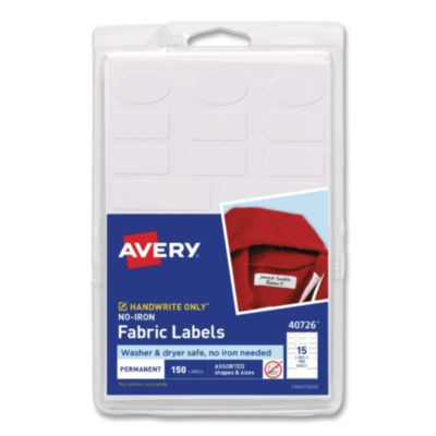 No-Iron Fabric Labels, Handwrite Only, Assorted Shapes And Sizes, White, 15/Sheet, 10 Sheets/Pack