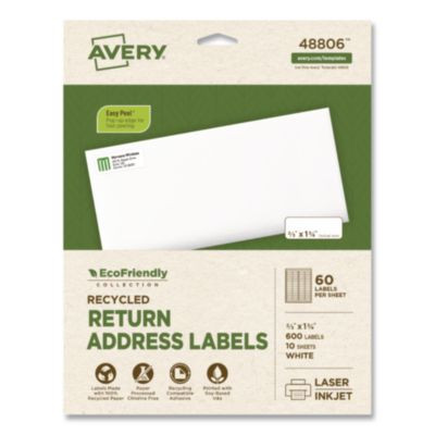 Ecofriendly Recycled Return Address Labels, Inkjet/Laser, 0.66 x 1.75, White, 60/Sheet, 10 Sheets/Pack