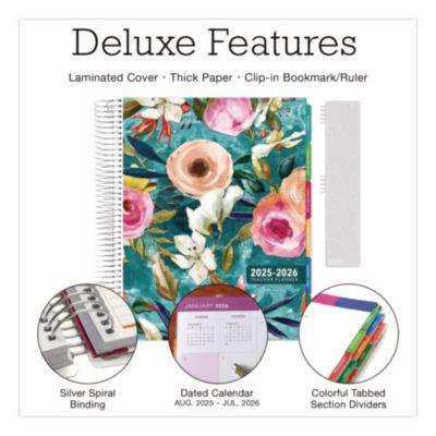 Deluxe Teal Floral Weekly/Monthly Lesson Planner, 7 Classes, Multicolor Cover, 11 x 8.5, 13-Month: Aug 2025 To Aug 2026