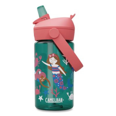 Thrive Flipstraw Plastic Water Bottle, 14 Oz, Mermaid Friends Design, Green/Coral