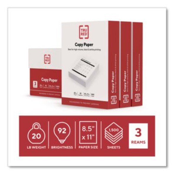 Copy Paper, 92 Bright, 20 Lb Bond Weight, 8.5 x 11, 500 Sheets/Ream, 3 Reams/Carton