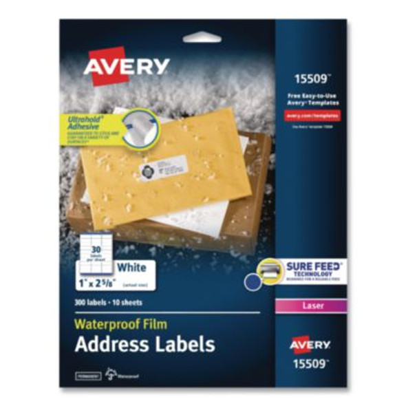Waterproof Film Address Labels With Sure Feed Technology. Laser, 1 x 2.63, White, 30/Sheet, 10 Sheets/Pack
