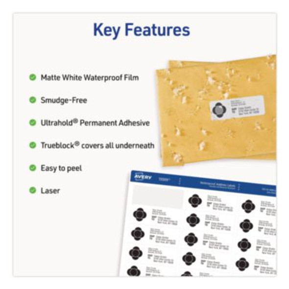 Waterproof Film Address Labels With Sure Feed Technology. Laser, 1 x 2.63, White, 30/Sheet, 10 Sheets/Pack
