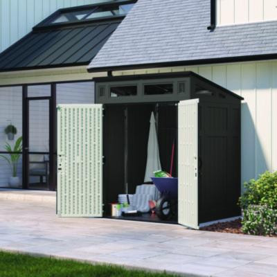 Modernist Storage Shed, 200 Cu Ft, 6 Ft 2.5" x 5 Ft 8.25" x 7 Ft 5.75", Peppercorn/Black/Passive