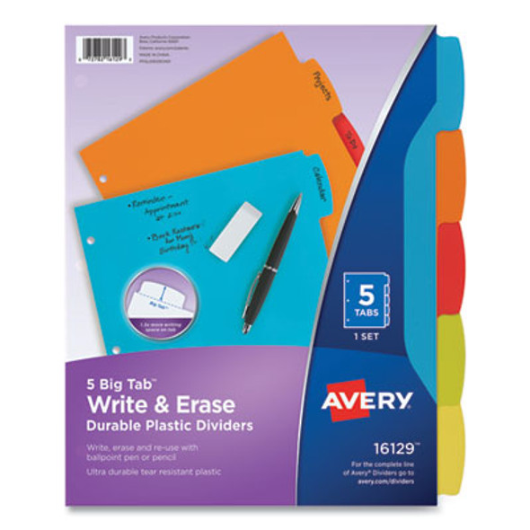 Big Tab Write And Erase Durable Plastic Dividers, 5-Tab, 11 x 8.5, Assorted, 1 Set