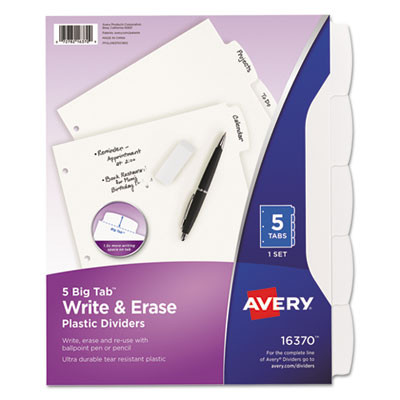 Write And Erase Big Tab Durable Plastic Dividers, 3-Hole Punched, 5-Tab, 11 x 8.5, White, 1 Set