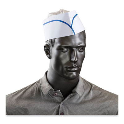 Classy Cap, Crepe Paper, Adjustable, One Size Fits All, White/Blue Stripe, 100 Caps/Pack, 10 Packs/Carton
