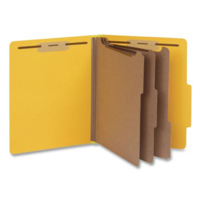 Heavy-Duty Pressboard Classification Folder, 2/5-Cut Tab, Expands 3", 3 Dividers, 8 Fasteners, Letter Size, Yellow, 10/Box