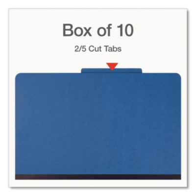 Heavy-Duty Pressboard Classification Folder, 2/5-Cut Tab: Right, Expands 3", 3 Dividers, 8 Fasteners, Legal Size, Blue, 10/Bx
