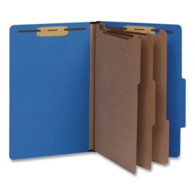 Heavy-Duty Pressboard Classification Folder, 2/5-Cut Tab: Right, Expands 3", 3 Dividers, 8 Fasteners, Legal Size, Blue, 10/Bx