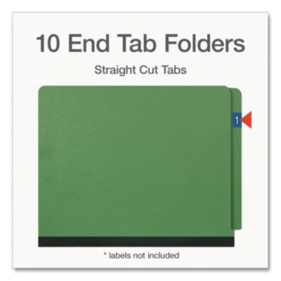 Heavy-Duty Pressboard End Tab Classification Folders, Expands 2", 2 Dividers, 6 Fasteners, Letter Size, Green, 10/Box