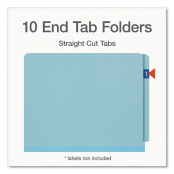 Heavy-Duty Pressboard End Tab Classification Folders, Expands 2", 2 Dividers, 6 Fasteners, Letter Size, Light Blue, 10/Box