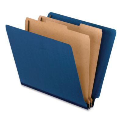Colored End Tab Classification Folders, Straight Tab, 2 Dividers, 6 Fasteners, Letter Size, Blue, 10/Box