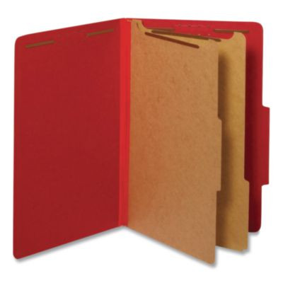 Heavy-Duty Pressboard Classification Folder, 2/5-Cut Tab, Expands 2.5", 2 Divider, 6 Fastener, Legal Size, Bright Red, 10/Box