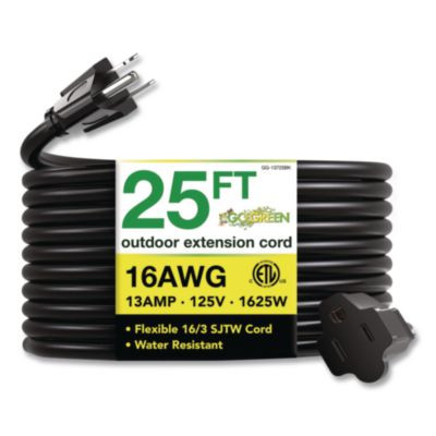 16 Awg Outdoor Extension Cord, 25 Ft, 13 A, Black