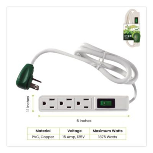 3 Outlet Power Strip, 2.5 Ft Cord, White, 3/Pack