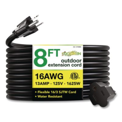 16 Awg Outdoor Extension Cord, 8 Ft, 13 A, Black