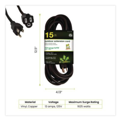 16 Awg Outdoor Extension Cord, 15 Ft, 13 A, Black