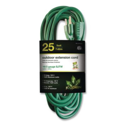 16 Awg Outdoor Extension Cord, 25 Ft, 13 A, Green