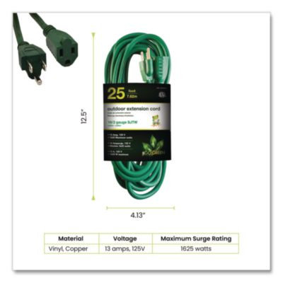 16 Awg Outdoor Extension Cord, 25 Ft, 13 A, Green
