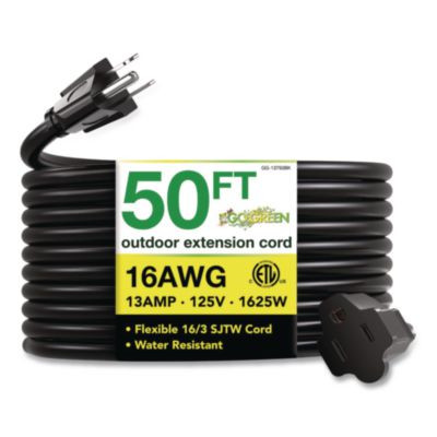 16 Awg Outdoor Extension Cord, 50 Ft, 13 A,  Black