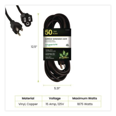 14 Awg Lighted End Heavy-Duty Extension Cord, 50 Ft, 15 A, Black
