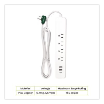 Four-Outlet Surge Protector With Three Usb Ports, 4 Ft Cord Length Cord, 450 J, White