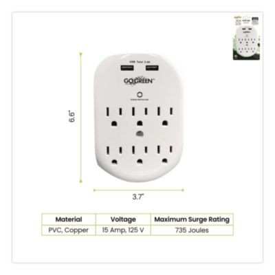6 Outlet 4 Usb Wall Tap, 735 J, White