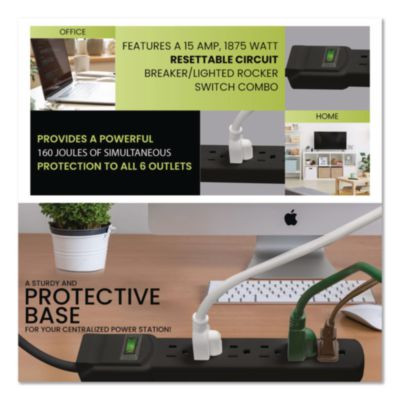 6 Outlet Surge Protector, 2.5 Ft Cord, 160 J, Black