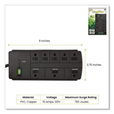 8 Outlet Surge Protector, 6 Ft Cord, 750 J, Black