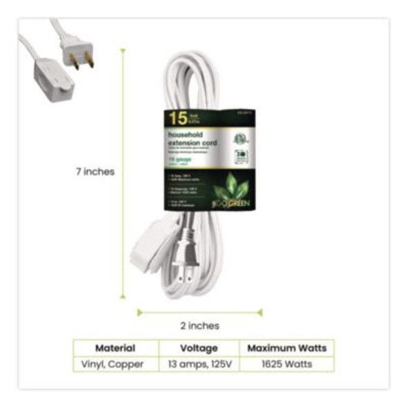 Household Extension Cord, 15 Ft, 13 A, White, 3/Pack