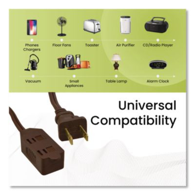 Household Extension Cord, 20 Ft, 13 A, Brown, 3/Pack
