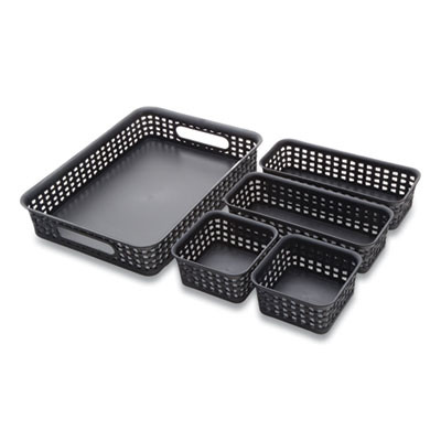 Plastic Weave Bin, Desk Organization Set, 13.8" X 10.1" X 4.68", Black, 5/Pack