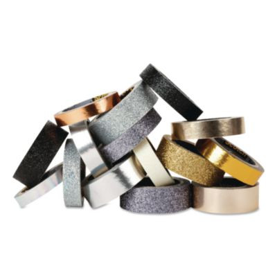 Washi Glitter Metallic Tape, Black/Gold/Silver, Assorted Sizes/Colors/Finishes, 15 Rolls/Pack