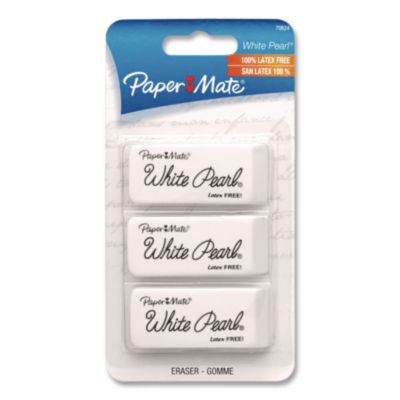 White Pearl Latex-Free Plastic Eraser, For Pencil Marks, Rectangular Block, White, 3/Pack