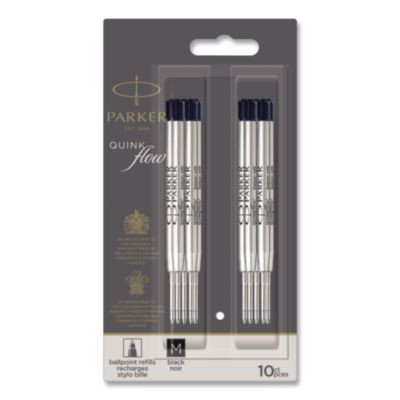 Quinkflow Refill For Parker Ballpoint Pen, Medium Conical Tip, Black Ink, 10/Pack