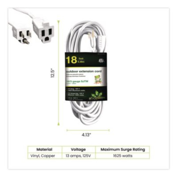 16 Awg Outdoor Extension Cord, 18 Ft, 13 A, White