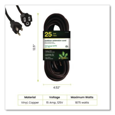 14 Awg Outdoor Extension Cord, 25 Ft, 15 A, Black