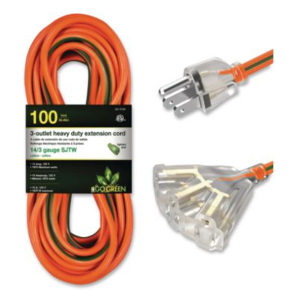 14 Awg 3-Outlet Heavy-Duty Extension Cord, 100 Ft, 13 A, Orange
