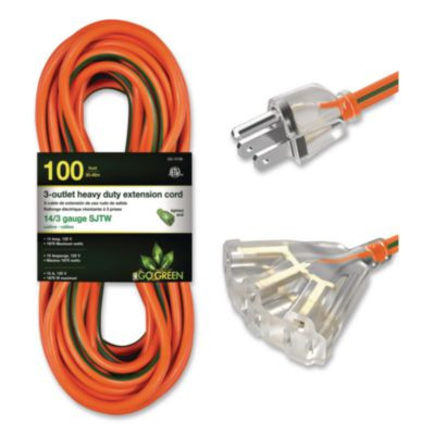 14 Awg 3-Outlet Heavy-Duty Extension Cord, 100 Ft, 13 A, Orange