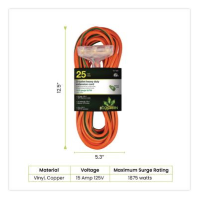 12 Awg 3-Outlet Heavy-Duty Extension Cord, 25 Ft, 15 A, Orange