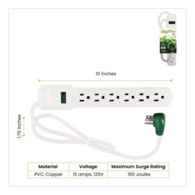 6 Outlet Surge Protector, 2.5 Ft Cord, 160 J, White