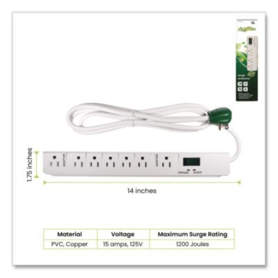 7 Outlet Surge Protector, 6 Ft Cord, 1,200 J, White