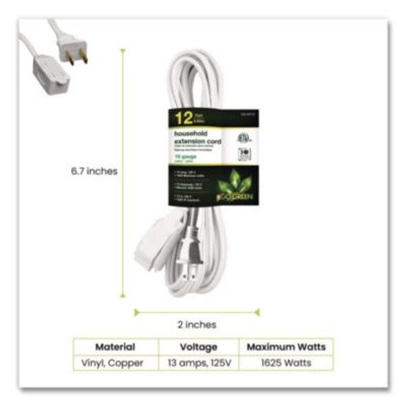 Household Extension Cord, 12 Ft, 13 A, White, 3/Pack