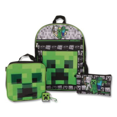 Minecraft 5-Piece Backpack Set, Green/Gray/Black